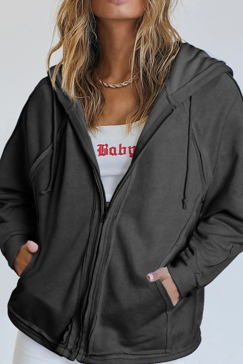 Exposed Seam Zip Up Long Sleeve Drawstring Hoodie