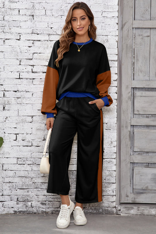 Black 2pcs Color Block Pullover Loose Pant Set 182045d1cd6068bb