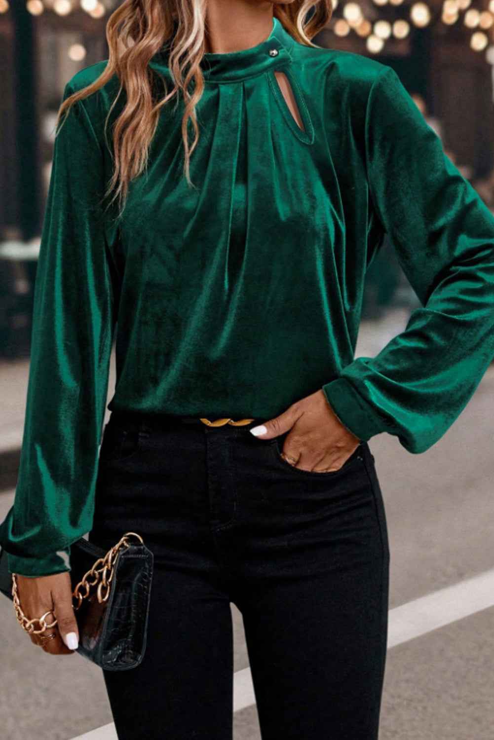 Red Dahlia Asymmetric Button Keyhole Neck Long Sleeve Velvet Blouse Evergreen 100%Polyester 182393c9d54faa2c