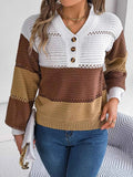 Color Block Striped V-Neck Button Detail Sweater Coffee Brown 1826ccf43efd4152b55be2394aabcb39-Max-Origin