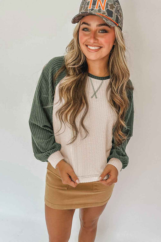 Mist Green Waffle Color Block Raglan Sleeve Top 1827c33357f64ec8