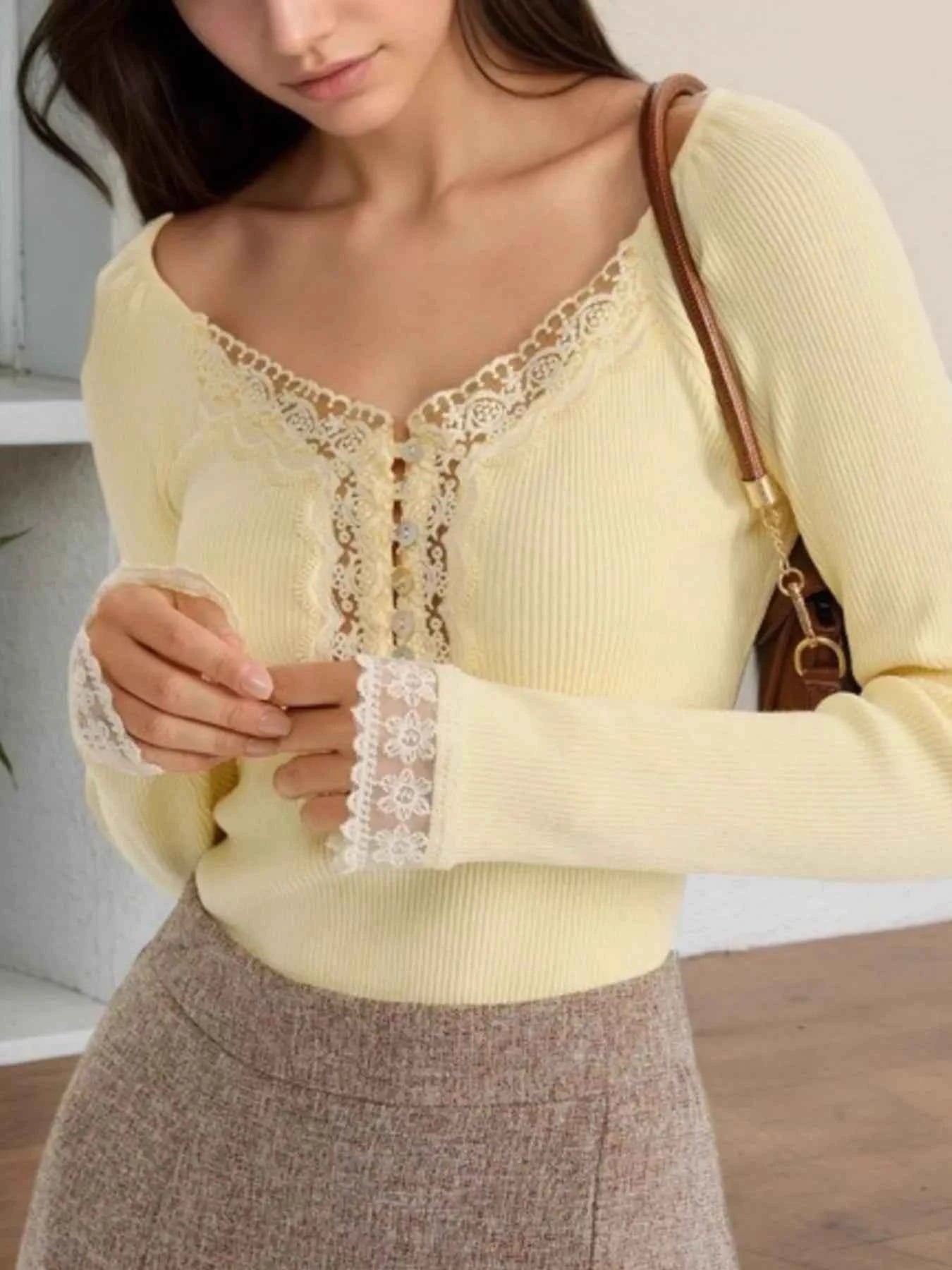 Lace Trim Ribbed Long Sleeve T-Shirt Light Yellow 1828d6cf-2962-4c5e-93fa-ce3c581878e3-Max-Origin