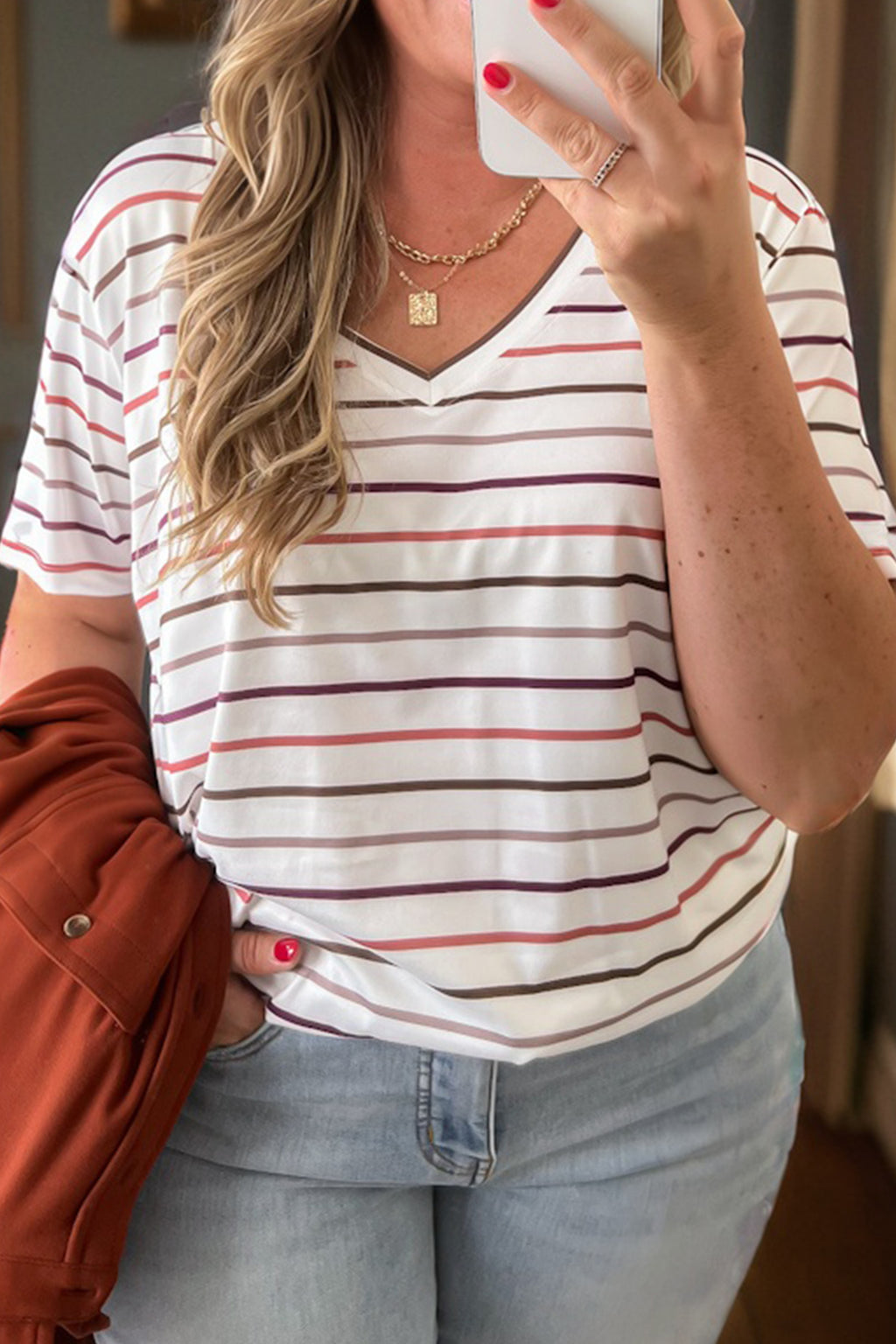 White Stripe V Neck Casual Plus Size Tee 1828e3b57090691e