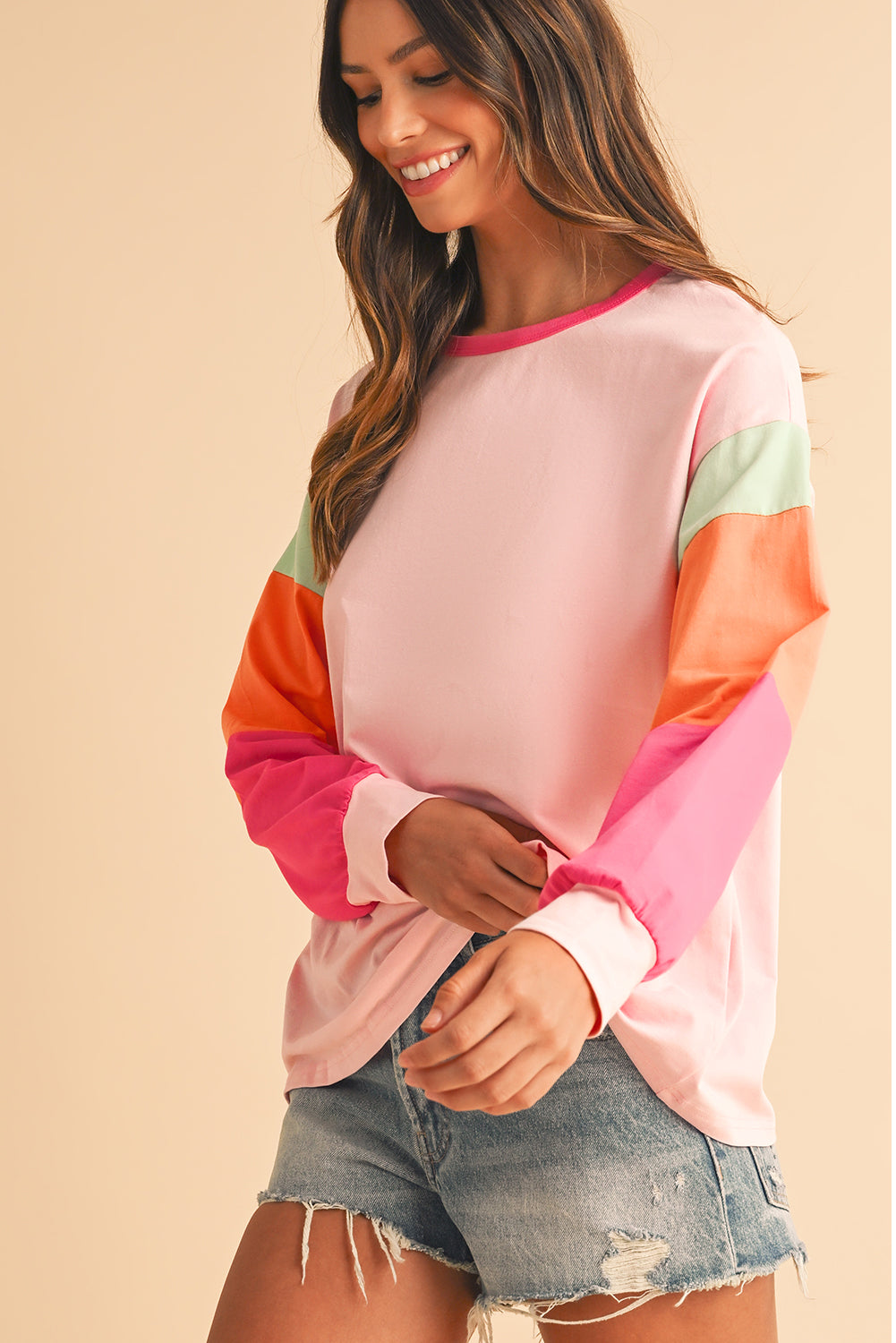 Green Color Block Sleeve Loose Fit Top 18292310639dd7c8