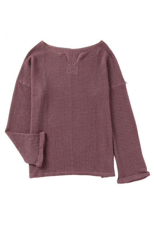 Purple Waffle Knit Split V Neck Drop Shoulder Long Sleeve Top 1829f455dbcecddd