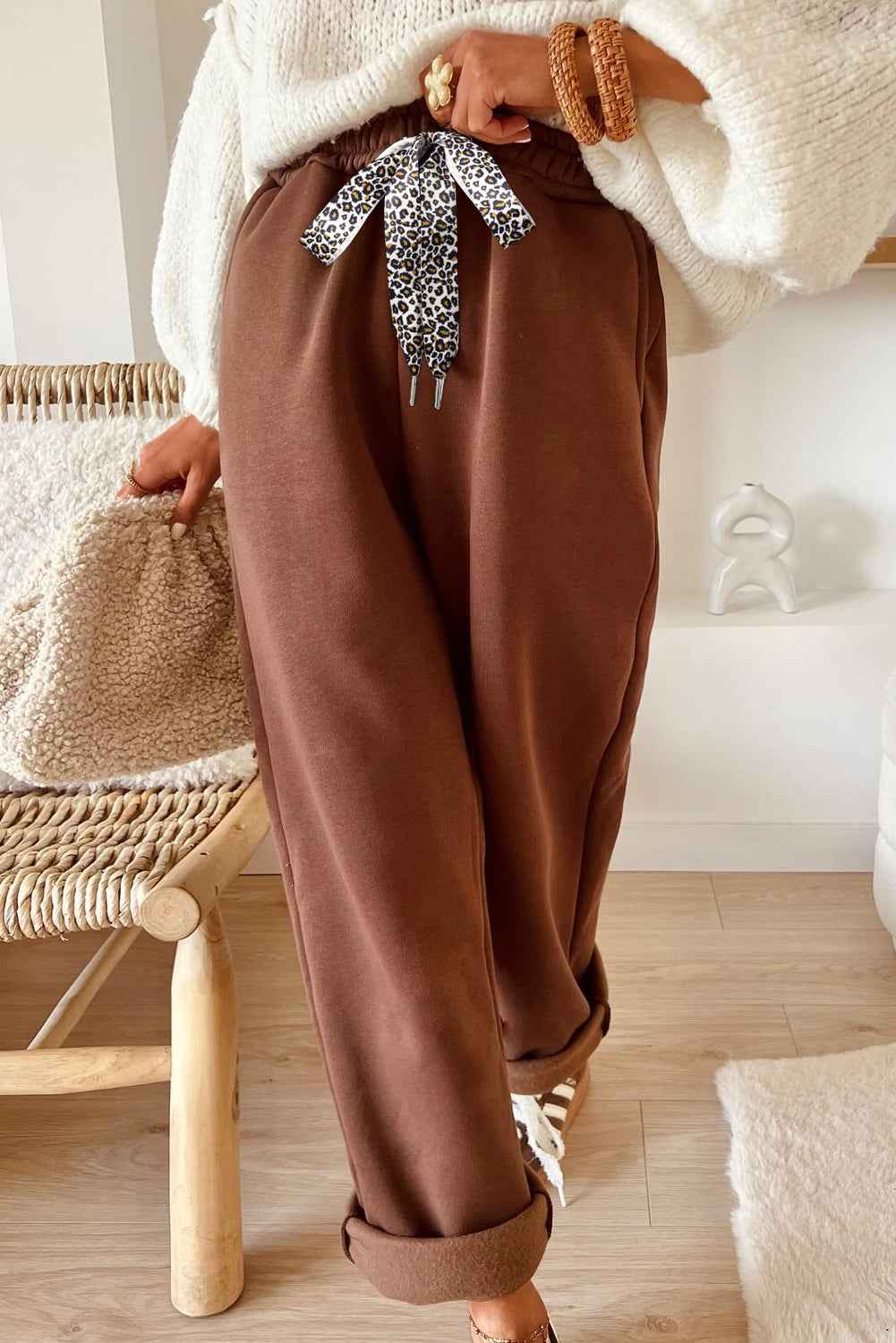 Oatmeal Fleece Lined Leopard Drawstring Elastic Waist Solid Pants Coffee 50%Polyester+50%Cotton 182a571a3a5f9567