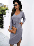 Drawstring Waist Long Sleeve Casual Dress Dark Gray 1831d1e2-9af1-473b-ae6d-42f20357e5f8-Max-Origin