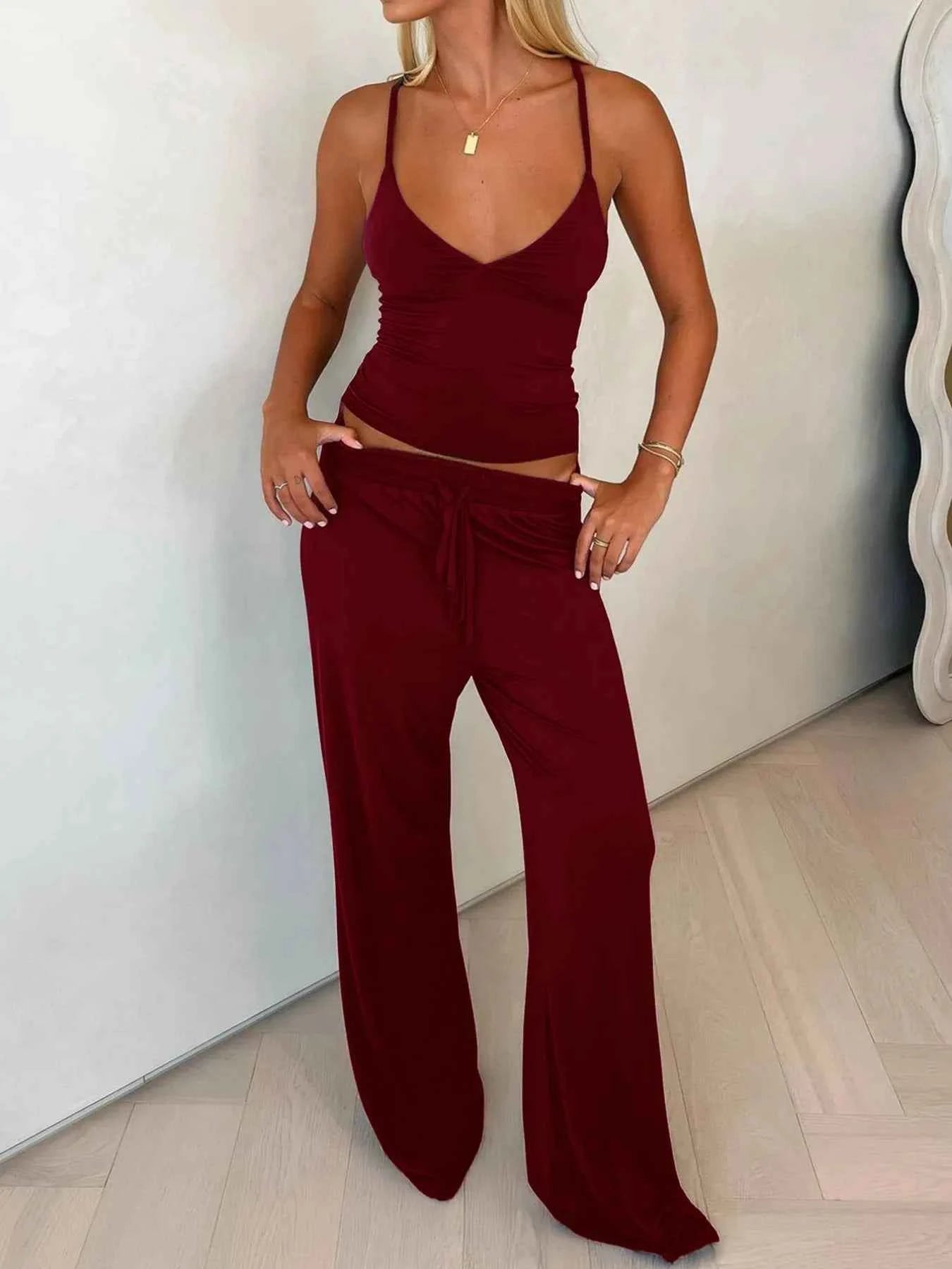 V-Neck Cami and Pants Set Burgundy 1833b01e-e8f9-47ef-a557-87313456d996-Max-Origin