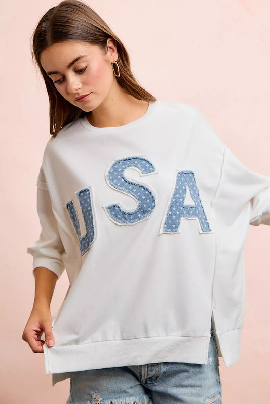 USA Letter Patchwork French Terry Top - Raw Hem Relaxed Fit 183625ba-39f3-4f33-8108-87153aa64794-Max-Origin