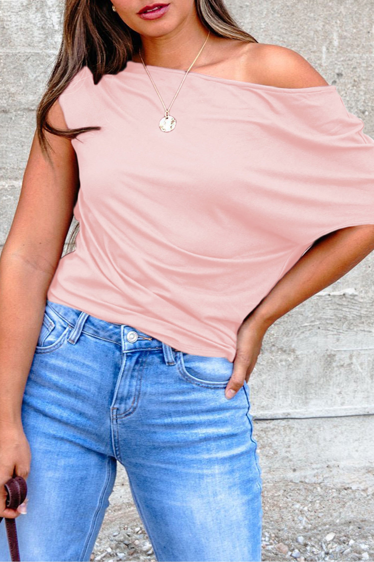 Blue Sapphire Plus Size Solid Color Asymmetric Neck Short Sleeve Blouse Gossamer Pink 62%Polyester+32%Cotton+6%Elastane 183b6f8e937be3e0