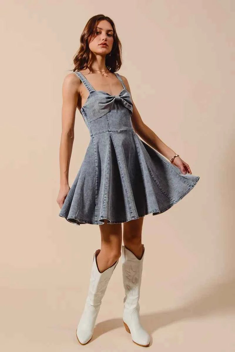 Mineral Washed Bow Ribbon Denim Flare Dress 183c720c2857459e8b382e5abf8a8e4e-Max-Origin