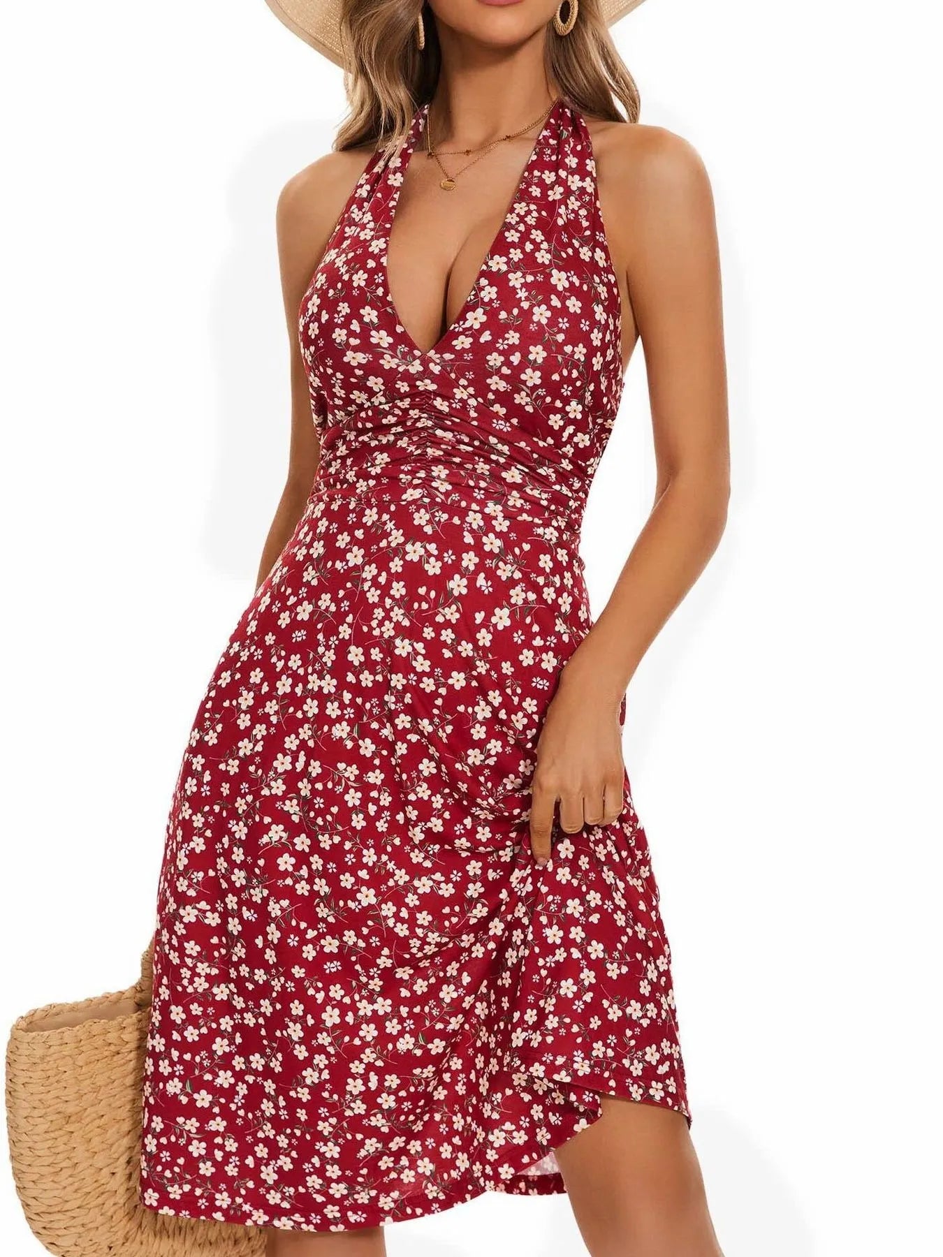 Printed Halter Neck Dress Wine Red 183de1d1-396d-4af1-b669-99f1f9fbe5ac-Max-Origin