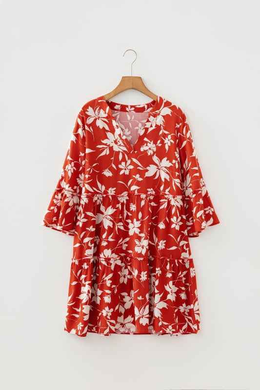Boho Floral Lettuce Trim 3/4 Sleeve Mini Dress Red 183e1986-b463-4b25-8906-ecfb8eec5d28