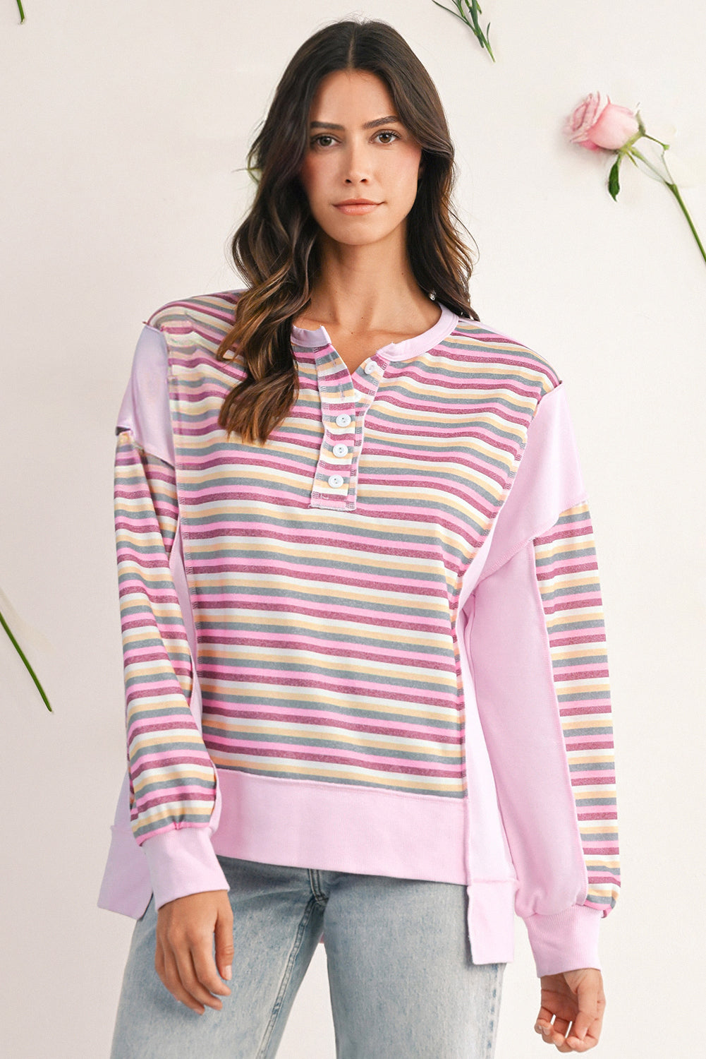 Pink Striped Patchwork Button V Neck Pullover Sweatshirt 18468765b8381d34