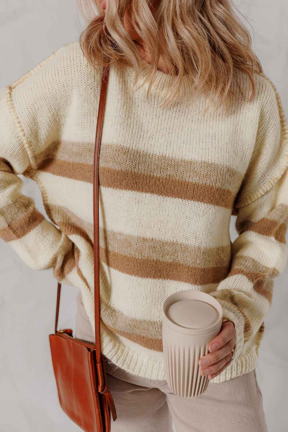 Khaki Stripe Exposed Seam Drop Shoulder Knit Baggy Sweater 18483467e92e5e5f
