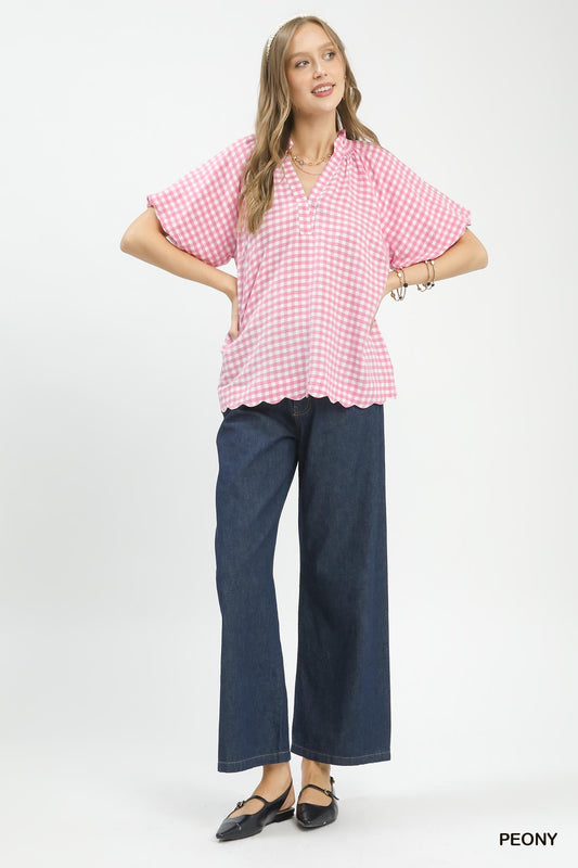 Gingham Bubble Sleeve Blouse with Scallop Hem 184a4066-68e2-41a7-9d59-680bfa63a39e-Max