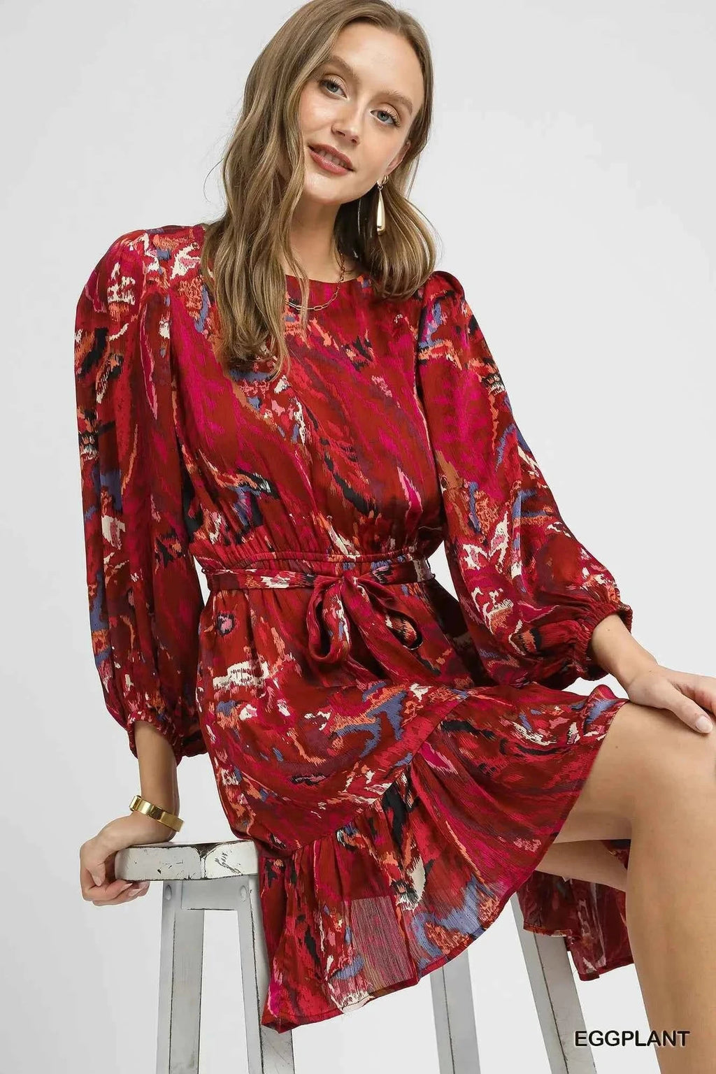 Umgee Ruffled Hem Printed Balloon Sleeve Dress 184b5501-f943-4cbf-8e04-2237a31ecd83-Max-Origin