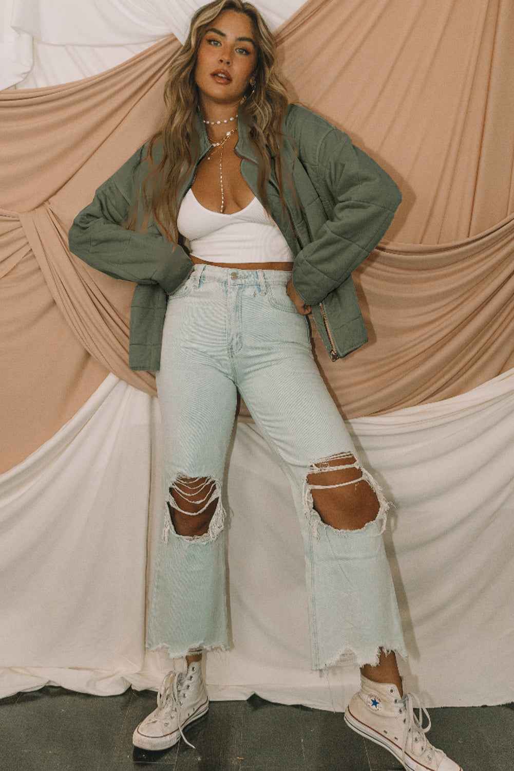 Green Zip Up Pocket Quilted Cropped Jacket 18555096297be3c7