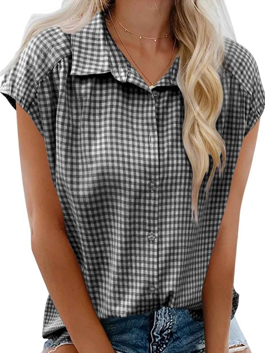Plaid Button Up Cap Sleeve Shirt Black 18579f1d-18ea-4626-815a-d67baab6b6e8-Max-Origin