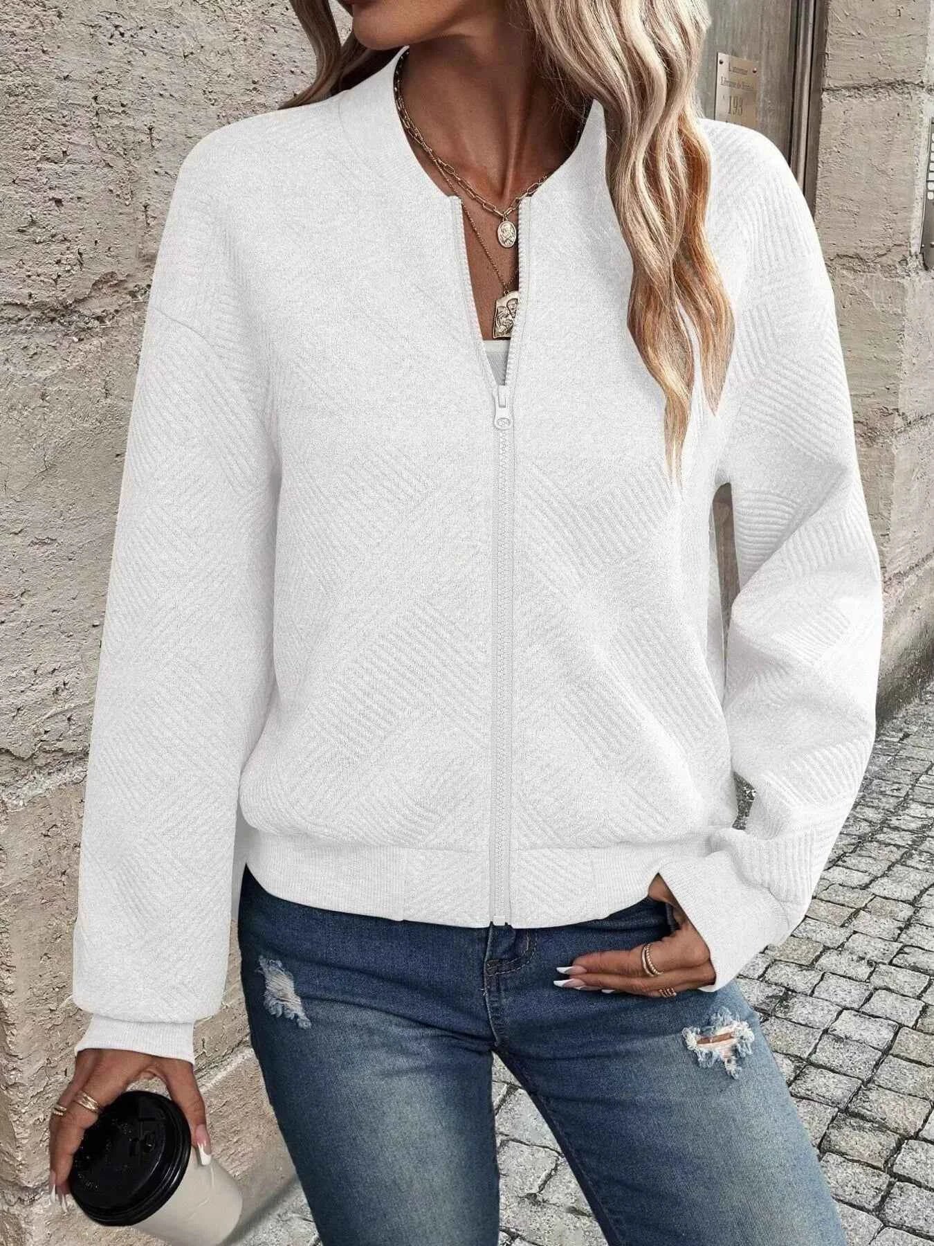 Texture Zip-Up Bomber Jacket White 1858e4ebb82a40dfa259ed9e320f8500-Max-Origin