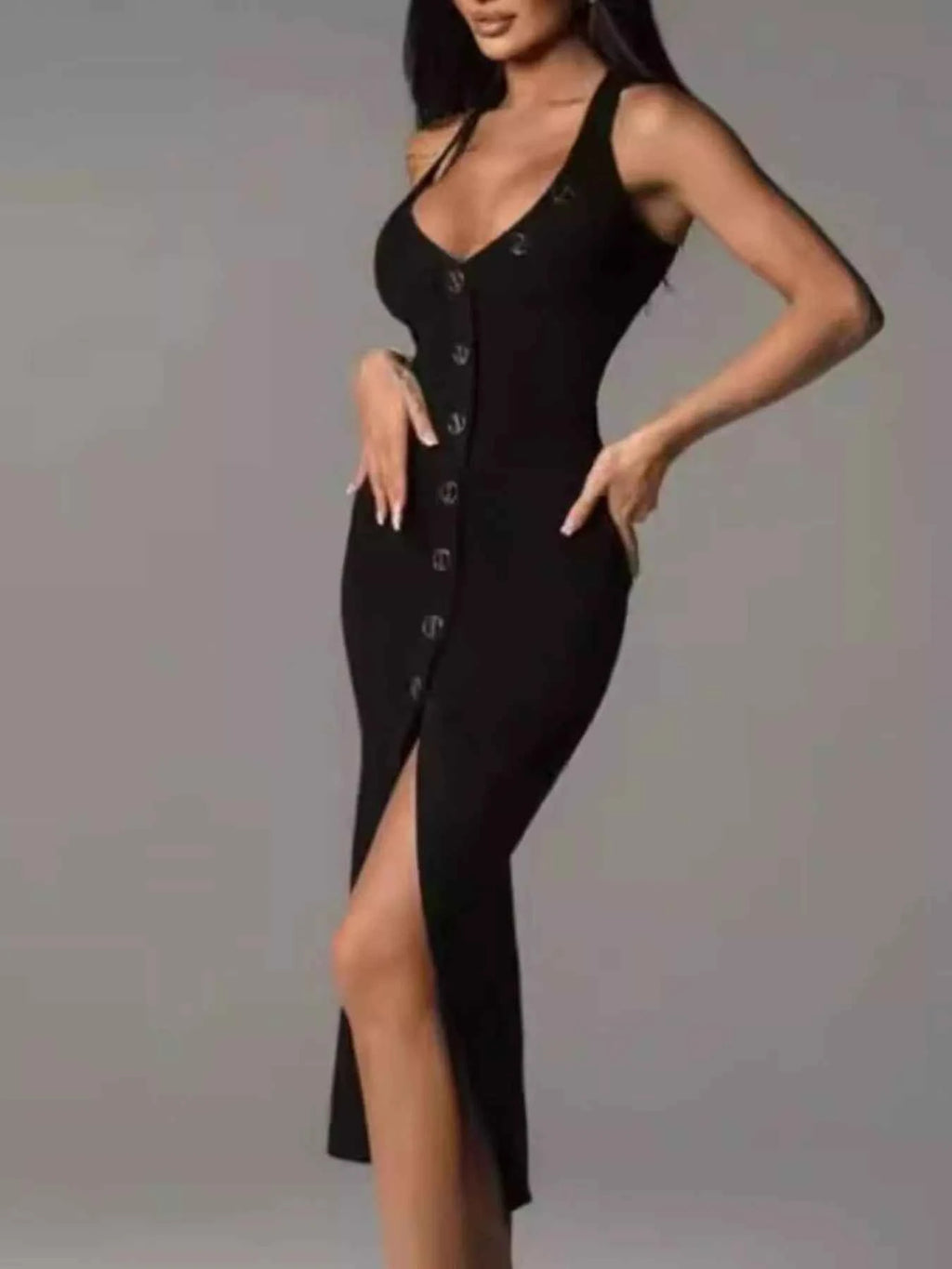 Halter Neck Button-Front Bodycon Dress Black 18597685-94df-456f-b055-73b7be30b4fc-Max-Origin