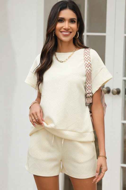 Textured Short Sleeve Top and Shorts Set 185b9449-fab8-431d-9d5e-aebae3c15263