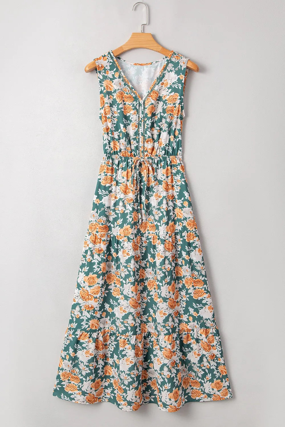 Floral Print Trimmed V Neck Tie Waist Sleeveless Dress 1861dcb8-db1d-4f16-a296-3919cf54f46d-Max-Origin