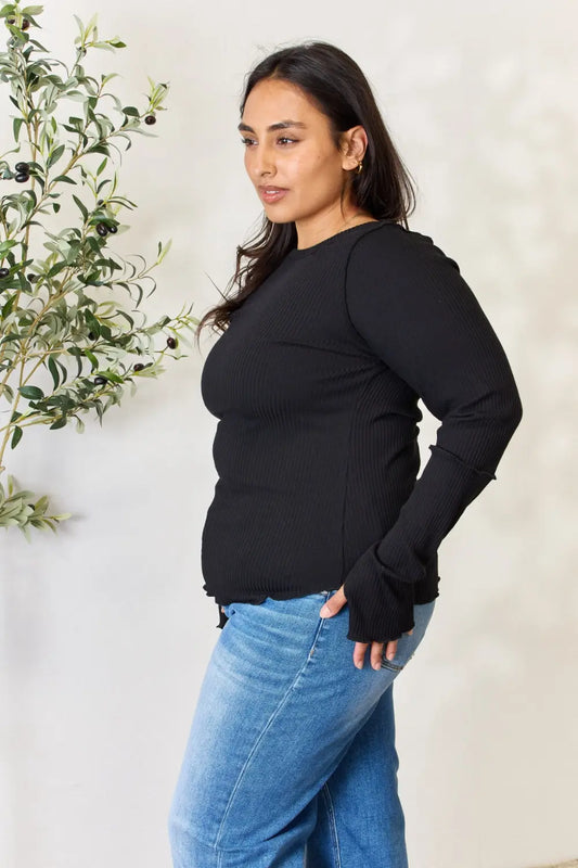 Culture Code Full Size Ribbed Round Neck Long Sleeve Top 1865b35b972b4974b8661f2600eb9724-Max