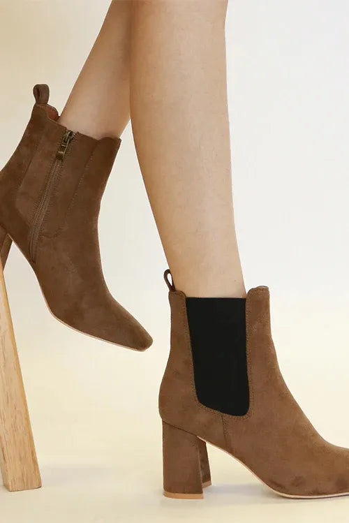 Beast Fashion Faux Suede Block Heel Chelsea Boots with Elastic Side Panel Coffee Brown 1867f354-32af-4726-b44c-7e7ea0831af5-Max