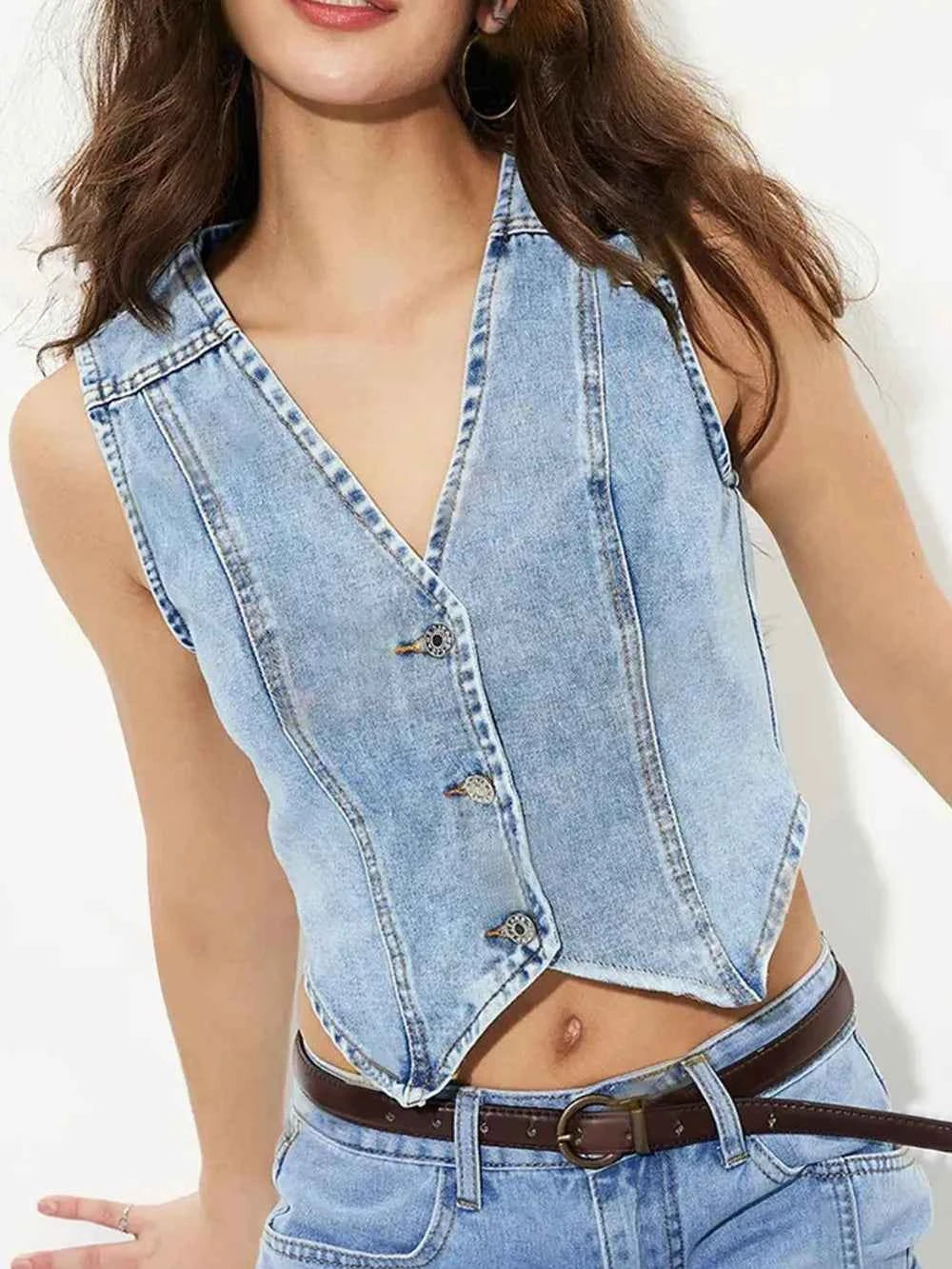 V-Neck Button Up Denim Vest Light 1868005b-a56f-40b8-9462-a8c4bcccce29-Max