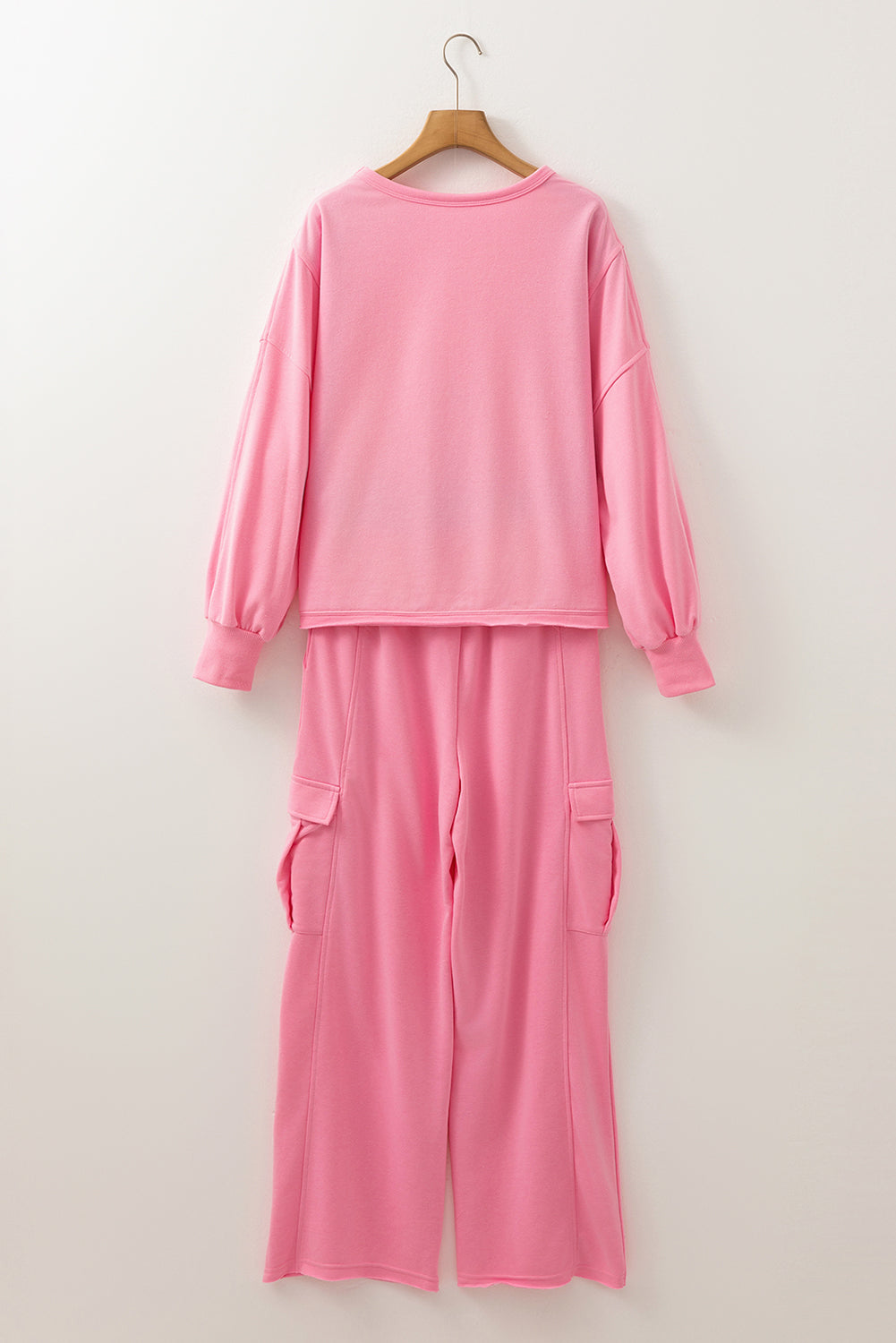 Sachet Pink Solid Color Patchwork Pullover Top and Cargo Pants Set 186b6ec387816de4