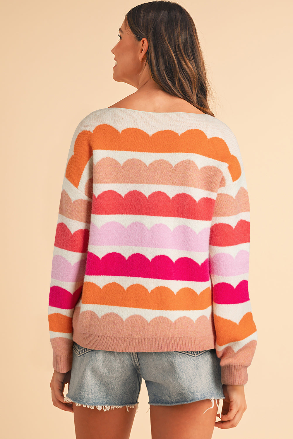 Yellow Wave Striped Balloon Sleeve Drop Shoulder Sweater 1870a04eedb64529