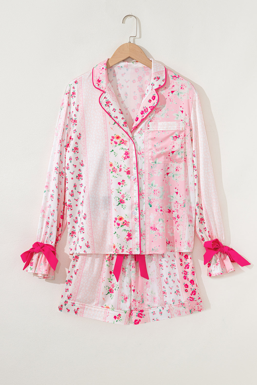 Pink Mixed Floral Print Contrast Piping Trim Satin Tie Pajama Set 187484d4ccab69dc