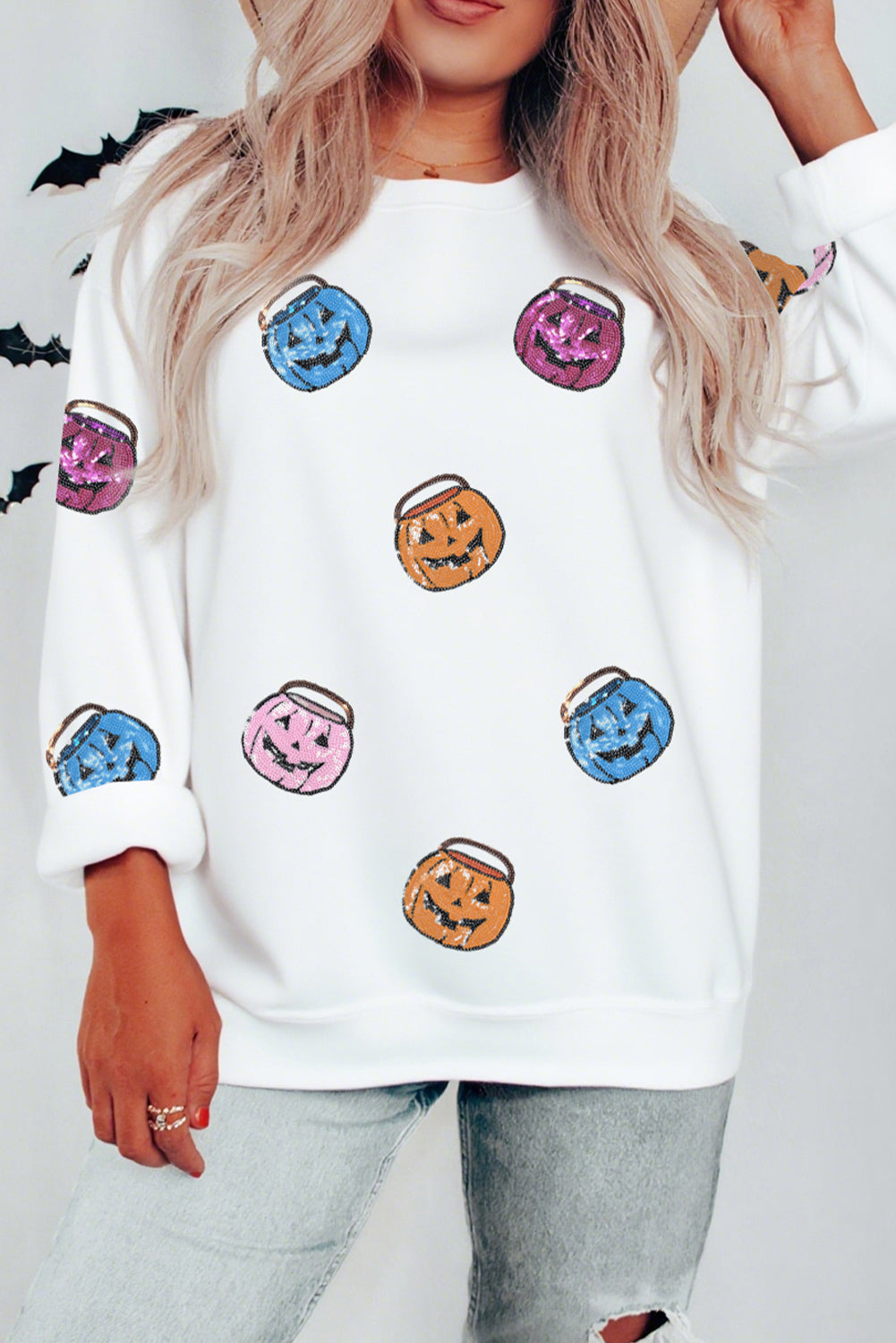 White Halloween Pumpkin Lantern Sequin Patched Sweatshirt 1876ec8a7eb48b39