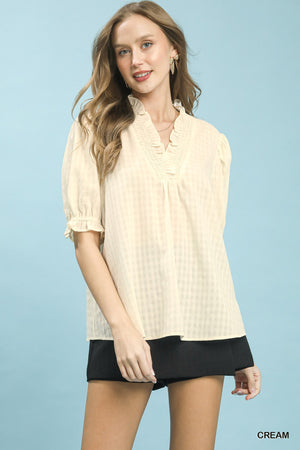 Textured Check Ruffle V-Neck Blouse CREAM 1878ee9f-99bf-46e9-b16d-fb04f0917f2d-Max