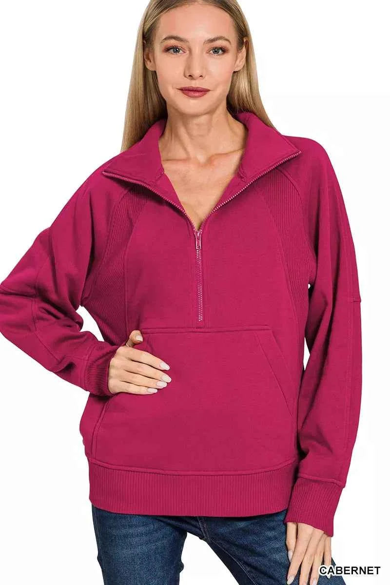 Zenana Half Zip Fleece Sweatshirt with kangaroo Pocket 1879b75af9c54363b268dd14474bfd86-Max-Origin