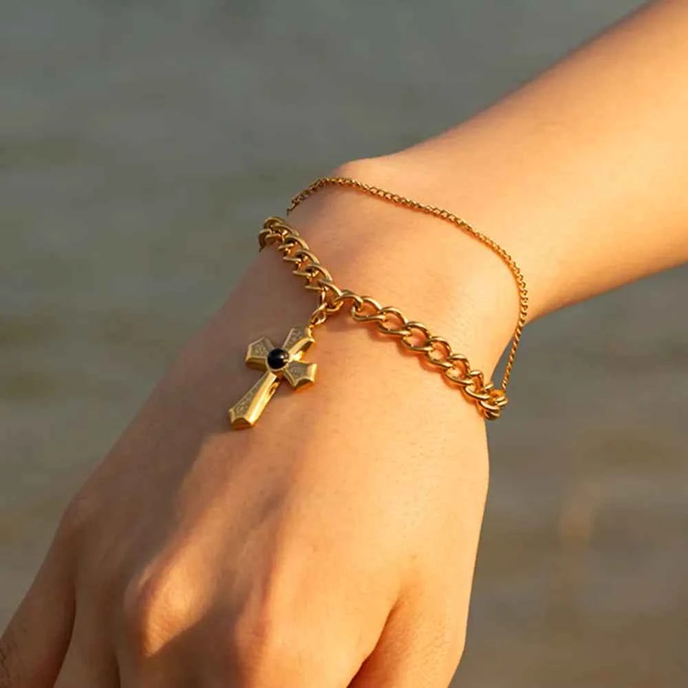 Stainless Steel Imitation Gemstone Cross Shape Pendant Bracelet 187d3f6b-9fd5-4f4c-9451-cf0053f1d36d-Max