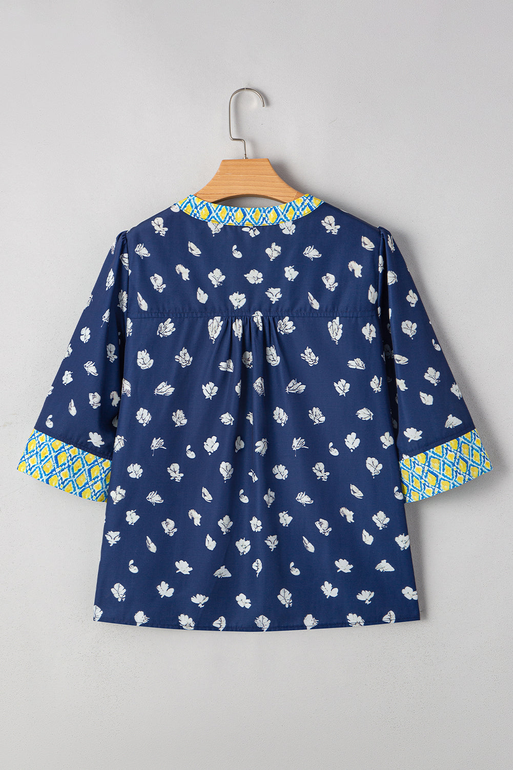 Blue Floral Print Pop of Color V Neck Patchwork Blouse 187eadb3076367f5