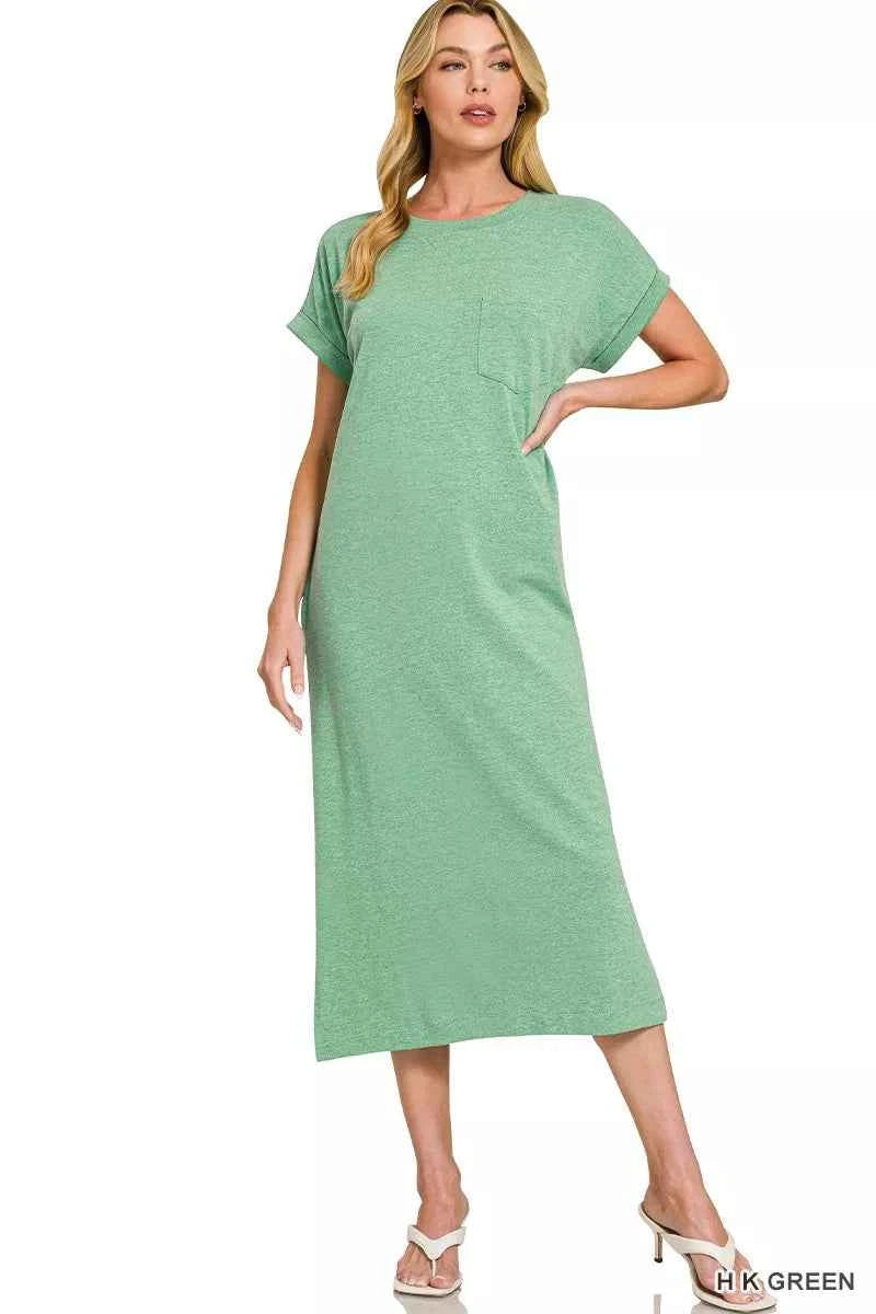 Zenana Round Neck Short Sleeve Midi Dress H K GREEN 187f5e92a7b7414c9750d614d6142368-Max-Origin