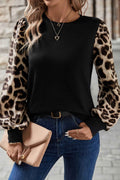 Khaki Leopard Puff Sleeve Patchwork Top Khaki 65%Polyester+30%Viscose+5%Elastane 1883a977e7018abb