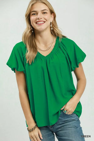 Gathered V-Neck Top GREEN 188cc24e-7726-4b64-ba96-20b02934a563-Max-Origin