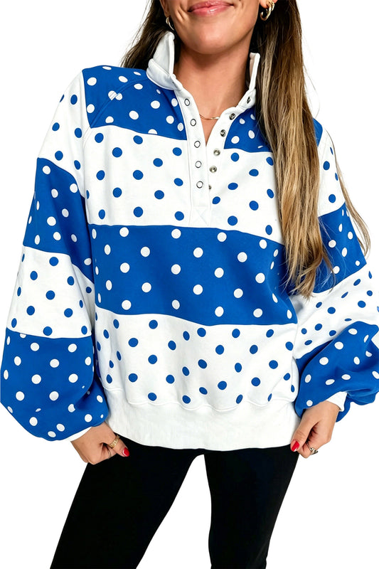 Green ka Dot Colorblock Half Zip Puff Sleeve Pullover Sweatshirt 1894c6c07b4c7a5f