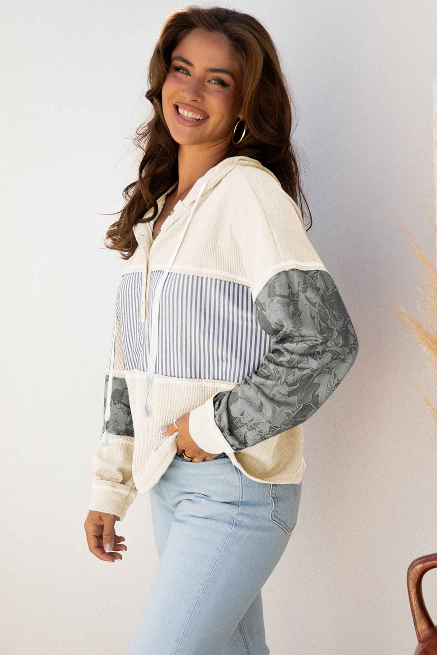 White Waffle Printed Patchwork Drawstring Hooded Long Sleeve Top 189ab85f670e3774