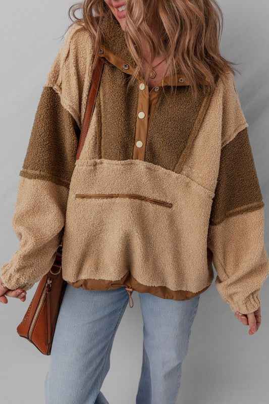 Colorblock Sherpa Patchwork Half Button Sweatshirt 189fc653-af19-44c7-bad8-9338475f3391