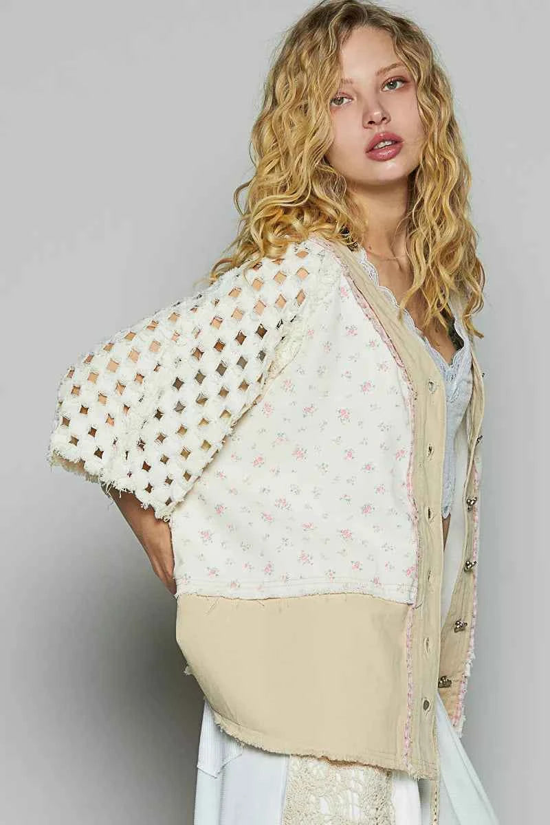 POL Button Down V-Neck Jacket with Printed Woven Patchwork 18a2e375-7134-4da6-bd29-6d9dc0bd8758-Max-Origin