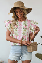 Pink Floral Print Layered Ruffle Sleeve Summer Top 18a9bde5255a49dd
