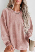Solid Ribbed Knit Round Neck Pullover Sweatshirt Khaki 18aad11b-2cd3-421f-8b73-69688696a4cc