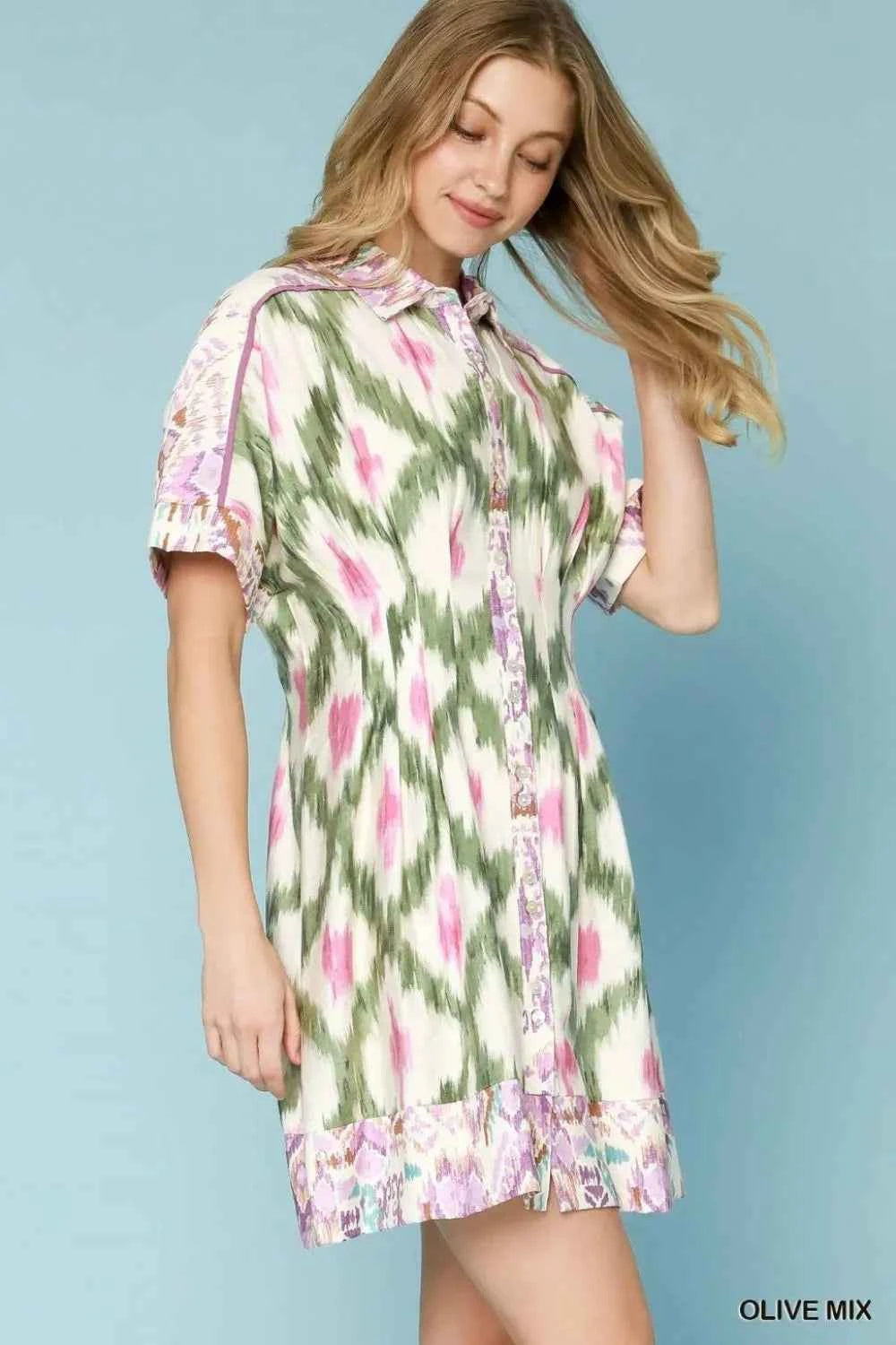 Umgee Ethnic Print Short Sleeve Mini Shirt Dress 18b09719-75cc-4eda-a35e-2d460387eed1-Max-Origin
