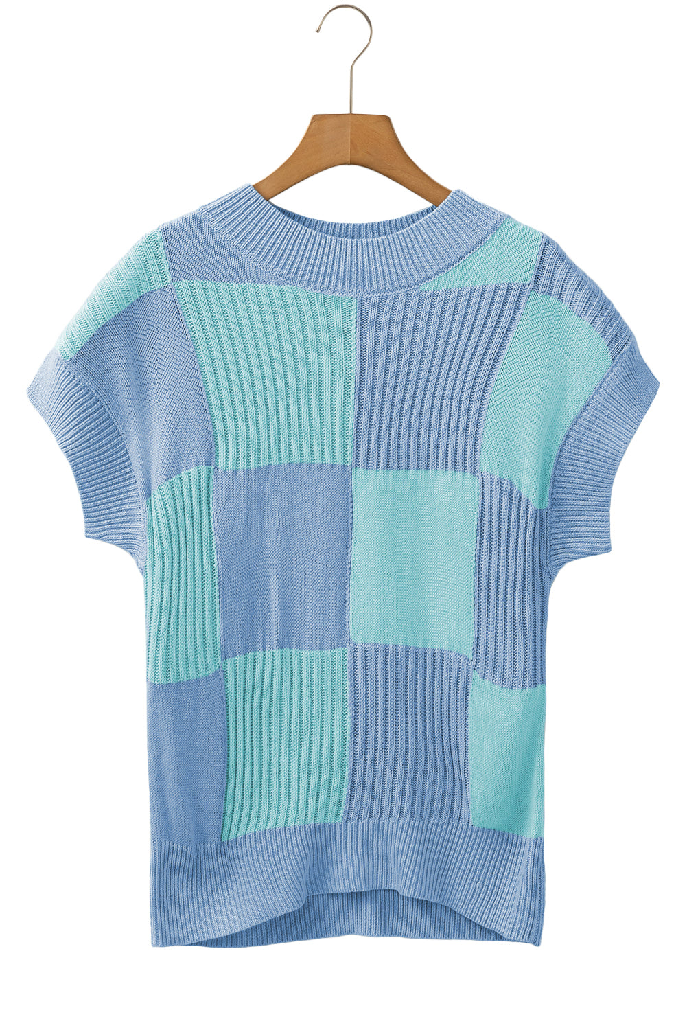 Light Blue Checkered Color Block Crew Neck Short Sleeve Sweater 18b3ab262dc1221a