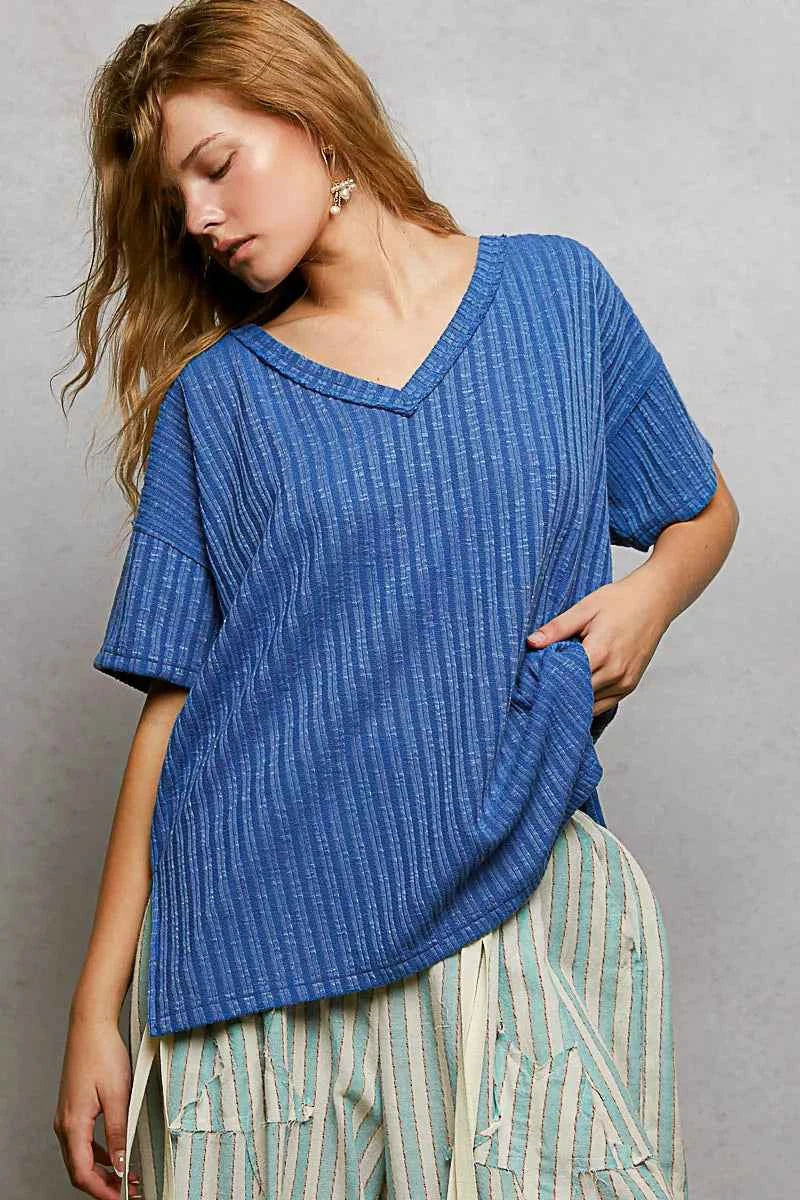 POL Ribbed Knit V-Neck Short Sleeve T-Shirt with Side Slit 18ba2643-e69f-412d-b77c-27fbcebeadd2-Max-Origin